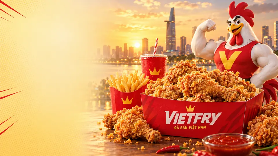 Phần gà rán giòn trong hộp VIETFRY cùng Đội trưởng V trên nền Sài Gòn